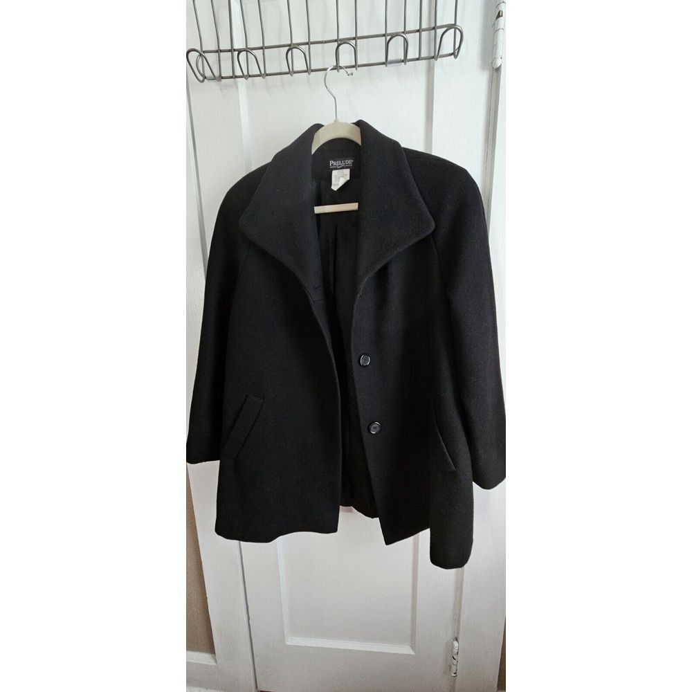 VTG Prelude Womens 80% Wool Coat JACKET Black Sz 12 buttonβ down pockets